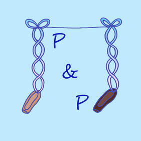 An eighth-note made from two pointe shoes, one light brown and one dark brown.